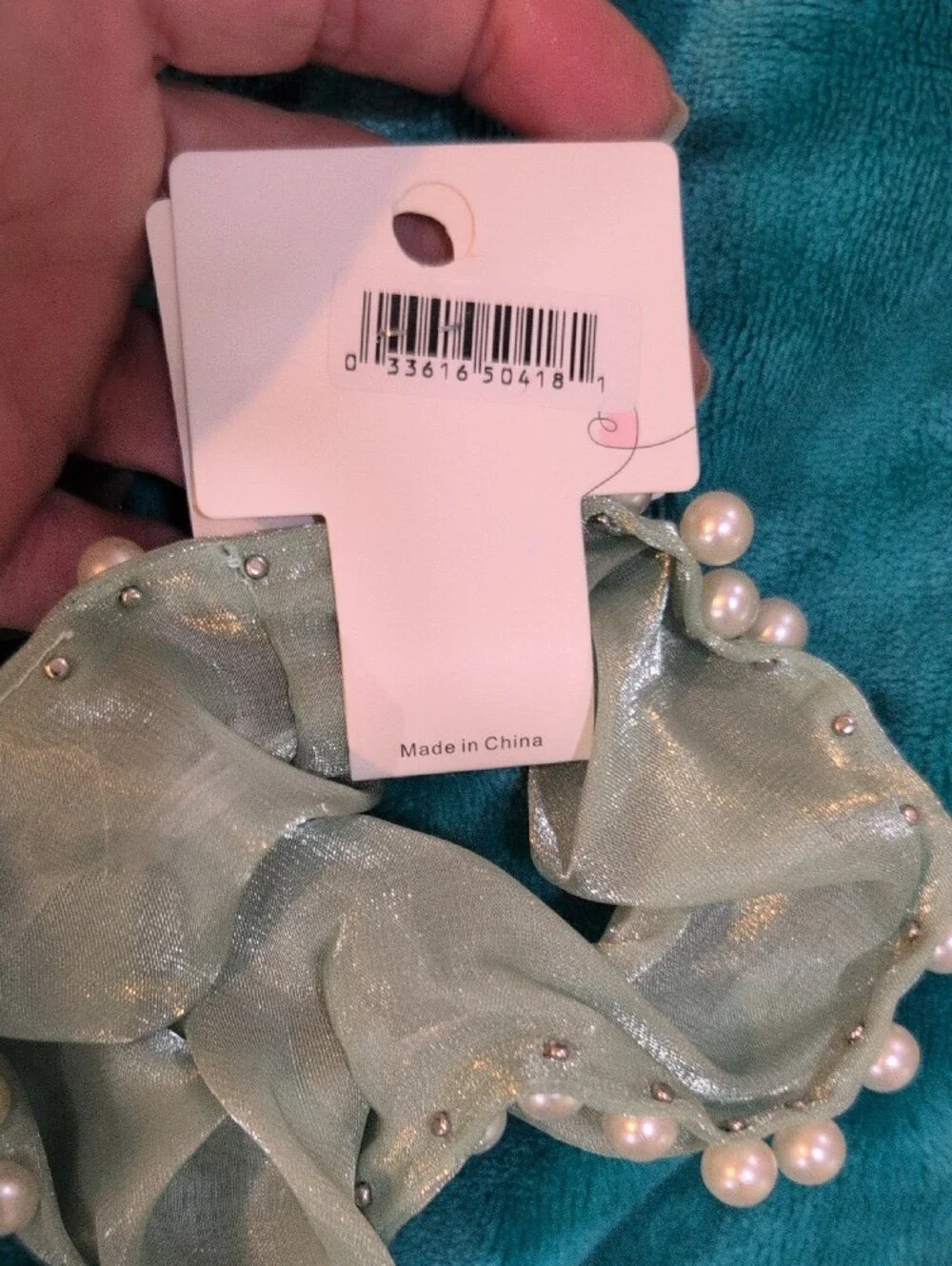 Mint Pearl-Trim Scrunchies - Set of 2